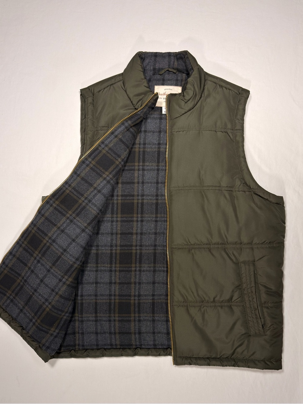 Weatherproof Vintage Men’s Olive Green Plaid Lined Puffer Vest Large